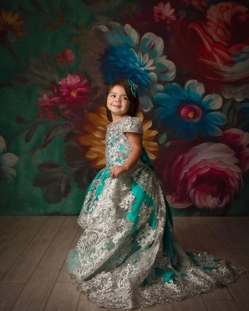 Princess Jasmine Dress Turquoise color Silver High Low - Baby Essentially