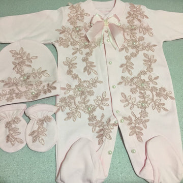 Appliqued Lace Pearly Set 3PCS Pink - Baby Essentially