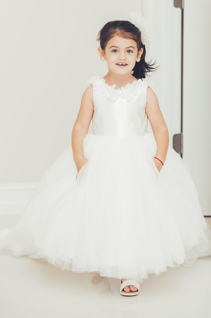 White dress, Front view, white floral appliques, head vow shown