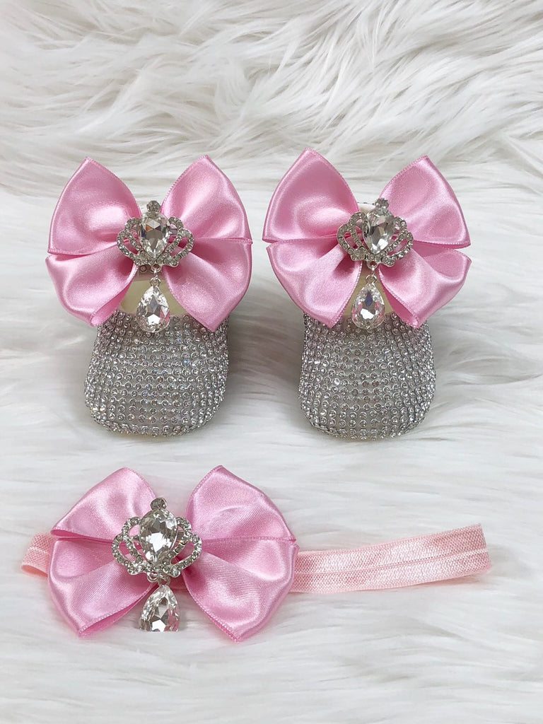 Silver & Pink Jeweled Ada Shoes & Headband - Baby Essentially