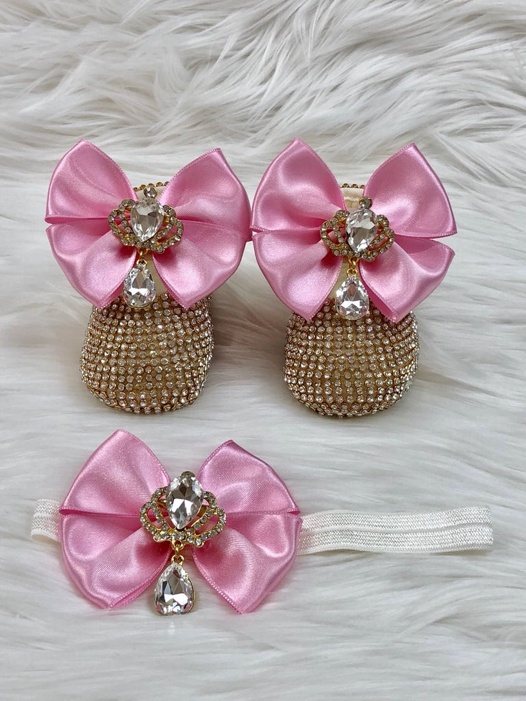 Gold & Pink Jeweled Ada Shoes & Headband - Baby Essentially