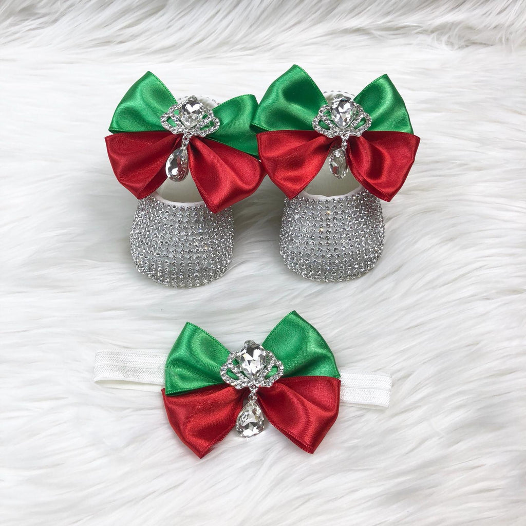 Silver Red & Green Jeweled Ada Shoes & Headband - Baby Essentially