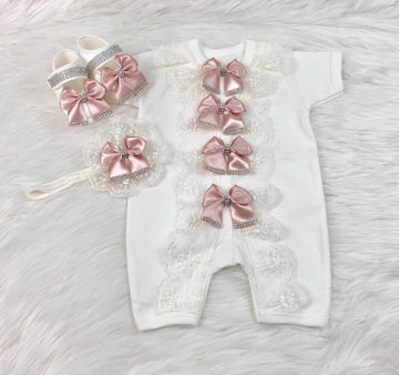 4 Pieces Princess Set Short Sleeved Romper Blush - Baby Essentially