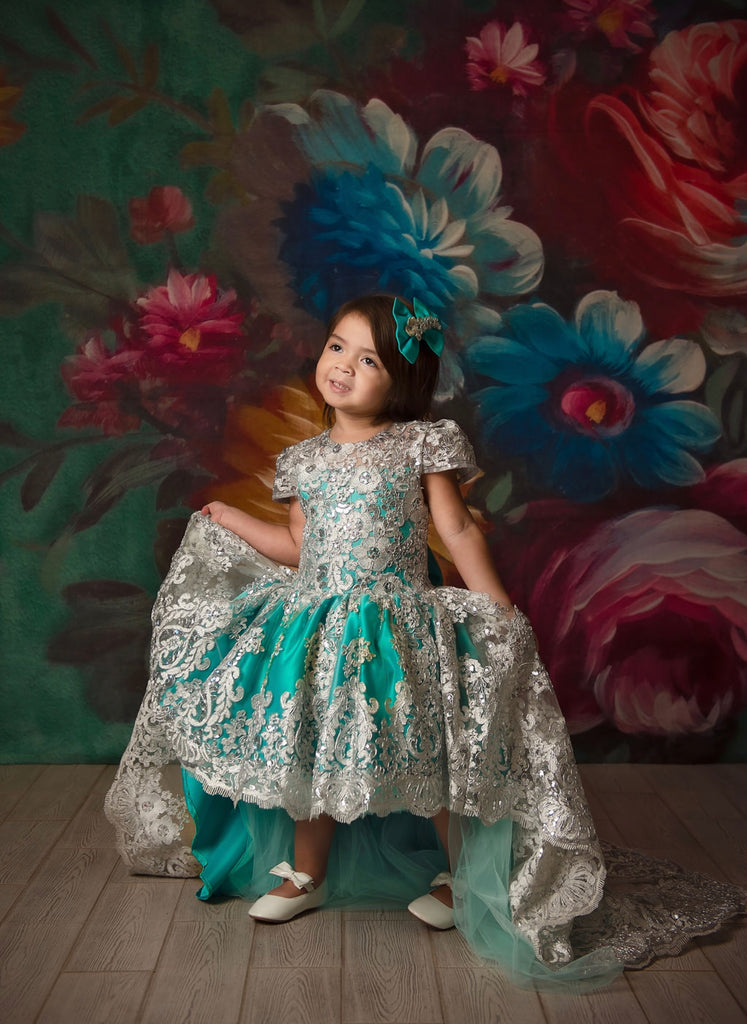 Princess Jasmine Dress Turquoise color Silver High Low - Baby Essentially