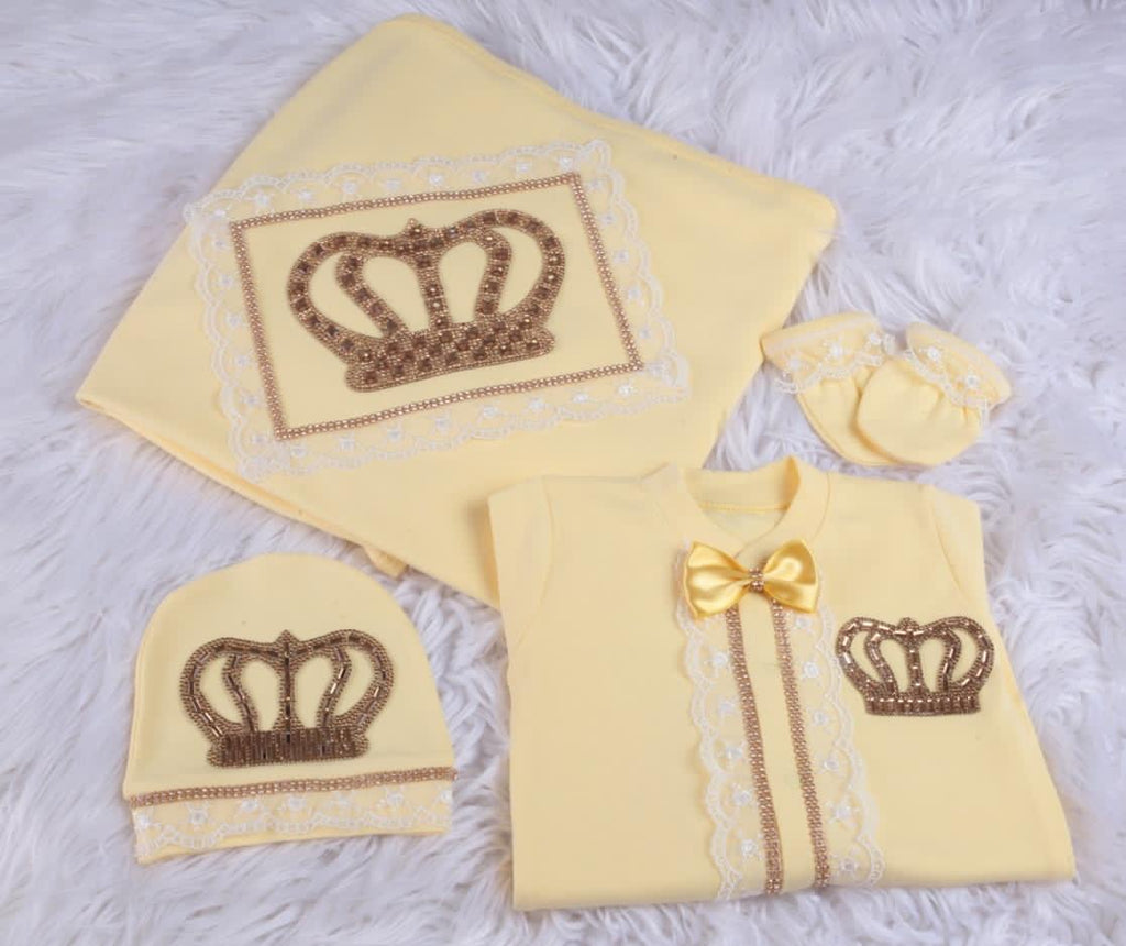 5 Piece Prince Set Yellow Fabric Gold Crown - Baby Essentially