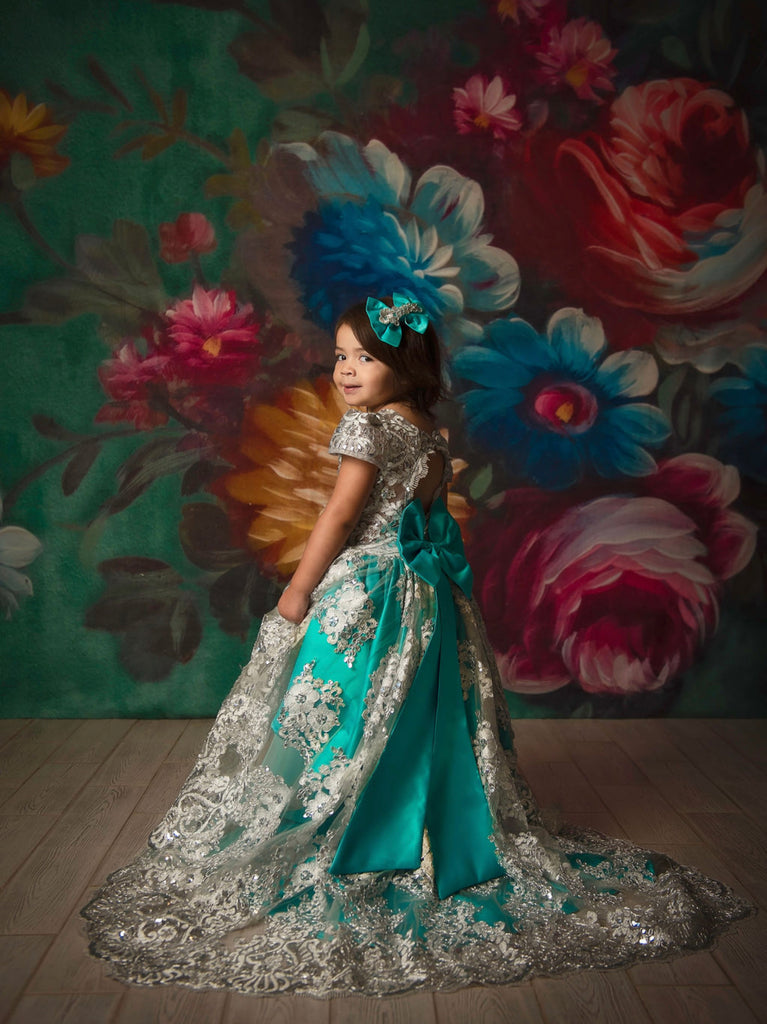Princess Jasmine Dress Turquoise color Silver High Low - Baby Essentially